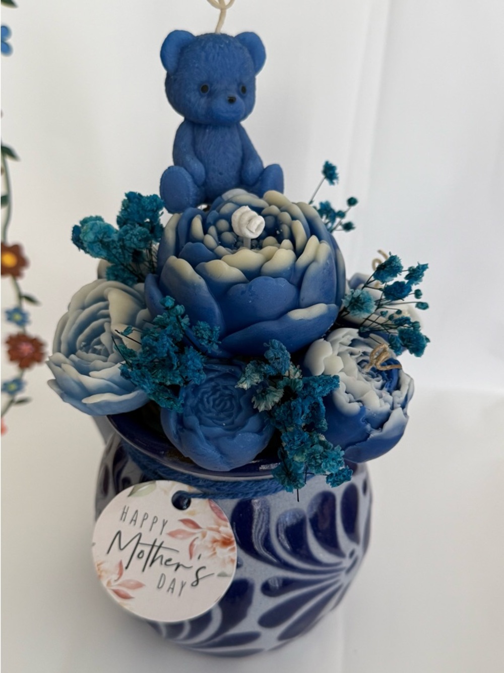 Blue Floral Teddy Candle Arrangement - Home Accents